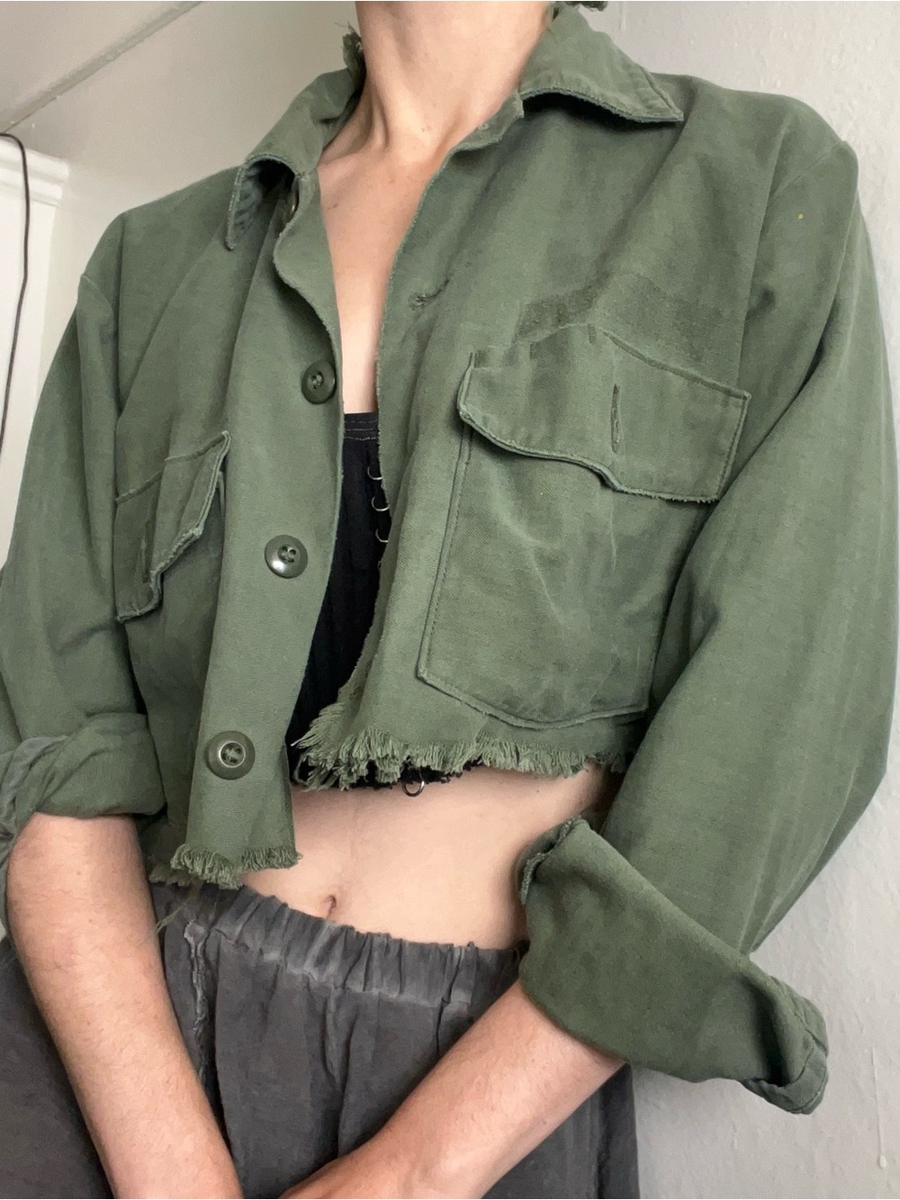 Vintage Grungey Distressed Cropped Army Shirt!